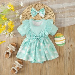 0-18M Baby Girls Bunny Print Easter Bow Bodysuit Dress & Headband  Baby Clothing  