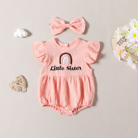 0-18M Baby Girls Letter Embroidered Flying Sleeves Bodysuit And Headband  Baby Clothes  