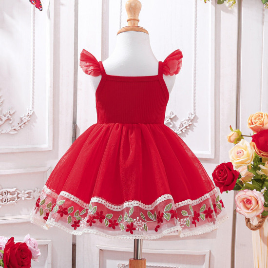 9M-4Y Toddler Girls Flying Sleeve Suspender Bow Dresses With Lace Trim  Girls Clothes  