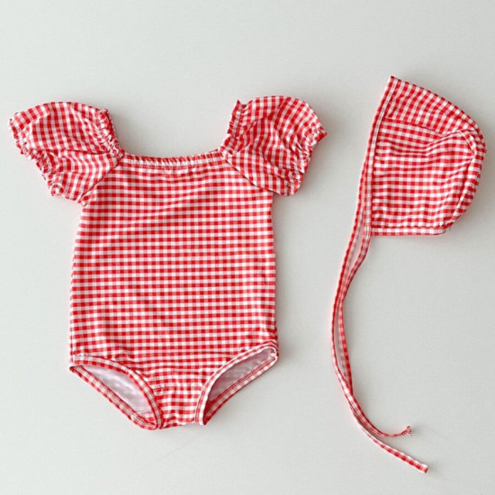 0-18M Plaid Bubble Short Sleeve Romper And Hat Swimwear Set Baby  Clothing  