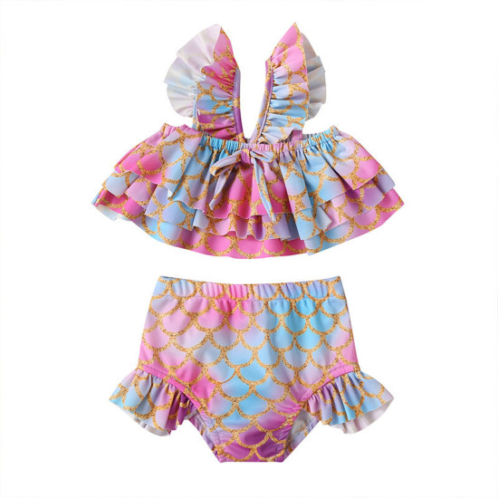 9M-4Y Toddler Girls Fish Scale Print Beach Ruffled Swimsuit Set Of 2  Girls Clothes  