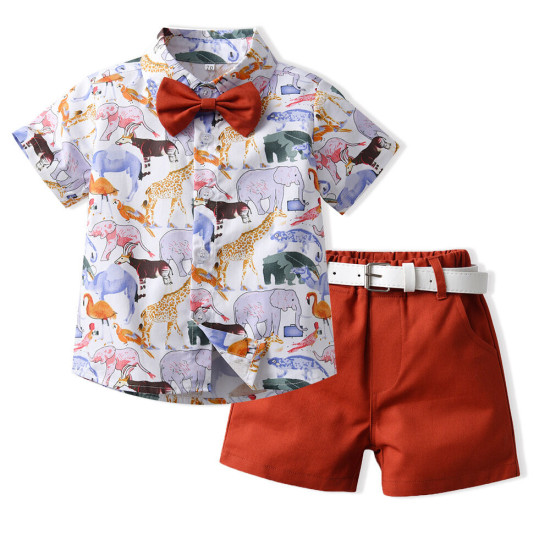 6M-6Y Toddler Boys Beach Sets Dinosaur Tropical Print Bowtie Shirts And Shorts  Boys Clothing  