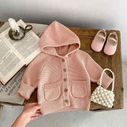 3-24M Baby Solid Color Pocket Knitted Hooded Sweater Jackets  Baby Clothes  