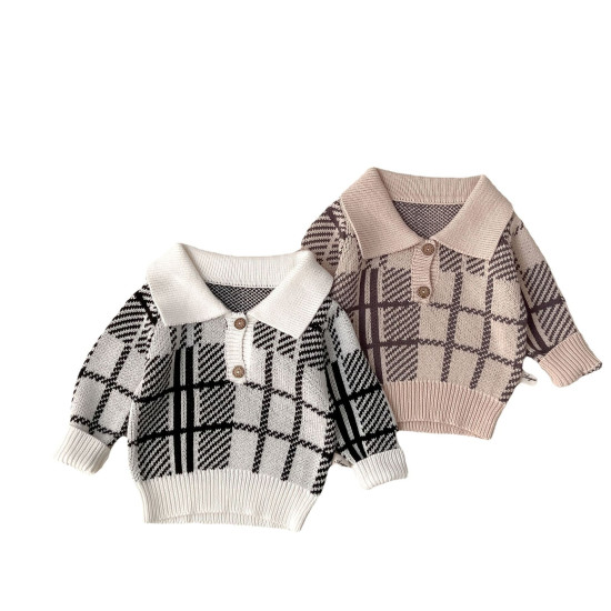 3-24M Baby Girls Knitted Sweater Plaid Lapel Pullover  Baby Clothes  