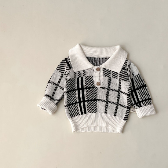 3-24M Baby Girls Knitted Sweater Plaid Lapel Pullover  Baby Clothes  