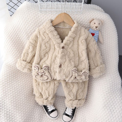 9M-3Y Loungewear Plush Solid Color Cotton Bear Cardigan Coat And Pants Pajama Set Two Pieces Baby  Clothing  