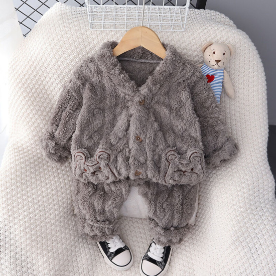 9M-3Y Loungewear Plush Solid Color Cotton Bear Cardigan Coat And Pants Pajama Set Two Pieces Baby  Clothing  