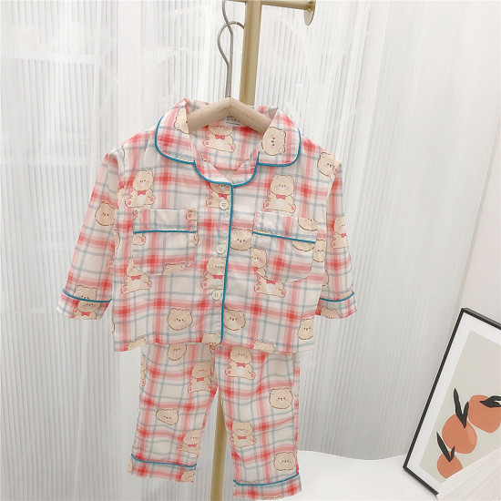 9M-6Y Bear Print Plaid Red Cardigan And Pants Set Two Pieces Baby  Clothing  