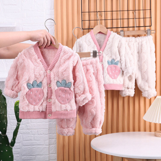 9M-4Y Plush Velvet Coral Fleece Warm Strawberry Pajamas Cardigan And Pants Set Two Pieces Baby  Clothing  