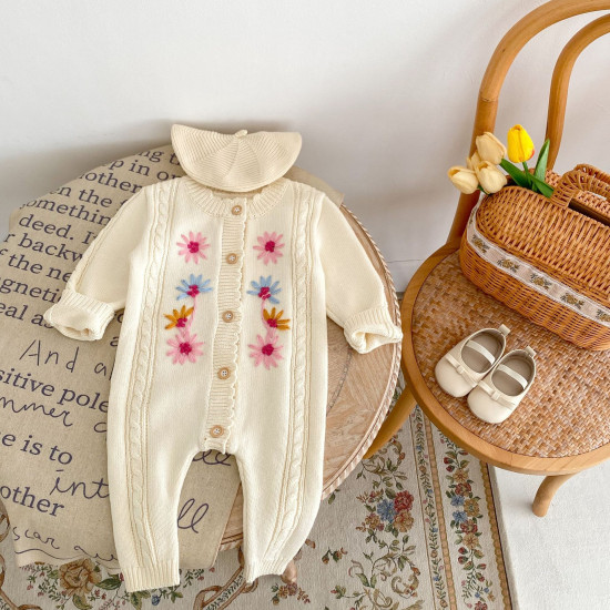 3-18M Baby Floral Embroidered Knitted Jumpsuit  Baby Clothing  