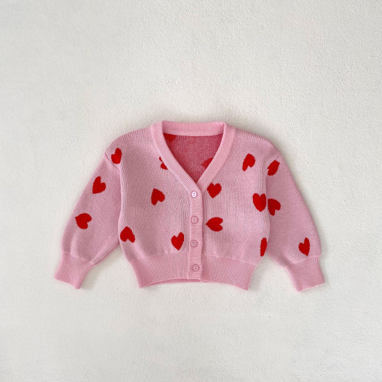 3-24M Baby Pink Heart-Shaped V-Neck Knitted Cardigan Sweater  Baby Boutique Clothing  