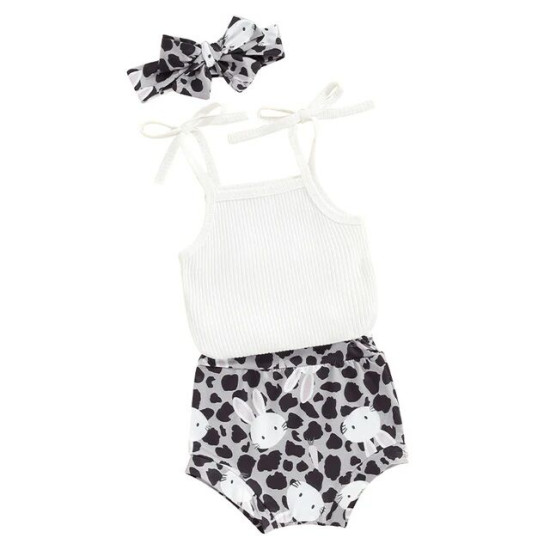 0-18M Baby Girls 3pcs Cami Bodysuit Rabbit Leopard Print Shorts  Baby Clothing  