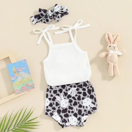 0-18M Baby Girls 3pcs Cami Bodysuit Rabbit Leopard Print Shorts  Baby Clothing  