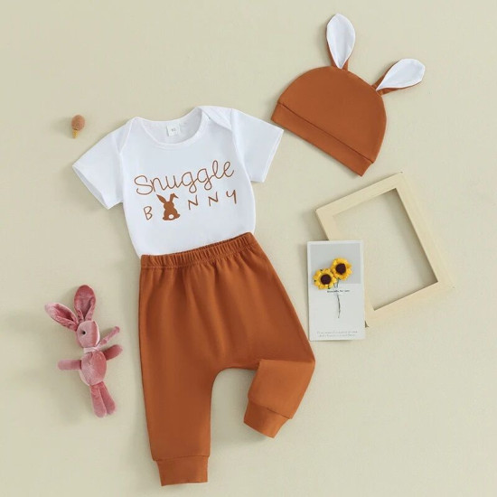 3M-3Y Baby Boys 3pcs Easter Letter Print Bodysuit Pants Hats  Baby Clothing  