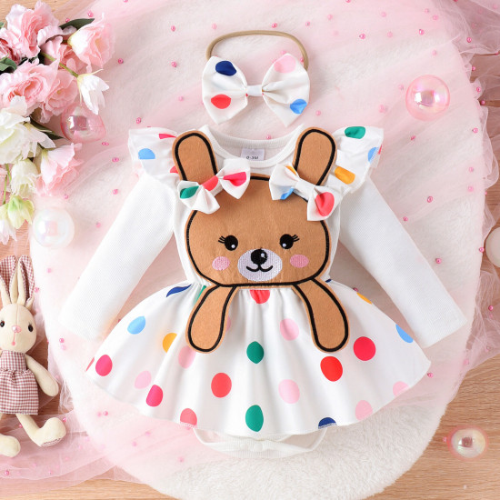 3-24M Baby Girls 3pcs Rabbit Colorful Dots Suspender Skirt & Bodysuit & Headband  Baby Clothing  