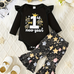 0-24M Baby Boys 3pcs Letter Bodysuit Flared Pants Headband  Baby Clothing  