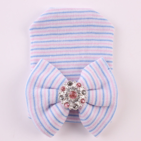 Baby Hat Big Bow Rhinestone Knitted Stripe Cotton Infant Pullover Hats  