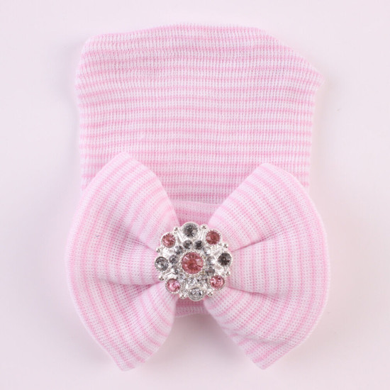 Baby Hat Big Bow Rhinestone Knitted Stripe Cotton Infant Pullover Hats  