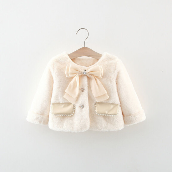 6M-3Y Baby Girls Bow Plush Cardigan Jackets  Baby Clothing  