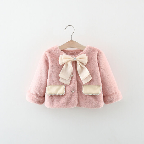 6M-3Y Baby Girls Bow Plush Cardigan Jackets  Baby Clothing  