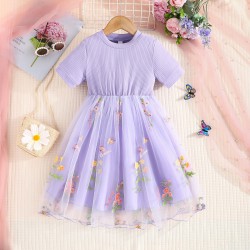 3-7Y Toddler Girls Short Sleeve Embroidered Mesh Dresses  Girls Clothes  