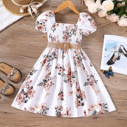 4-9Y Kids Girls Floral Holiday Puff Sleeve Dresses  Kids Clothes  