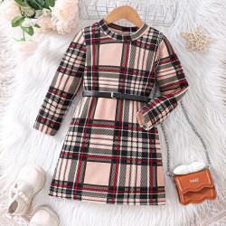 18M-6Y Toddler Girls Plaid Long Sleeve Slim Fit Dresses With Belt  Girls Clothes  