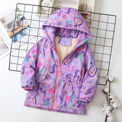 2-8Y Kids Girls Flower Cartoon Print Hooded Plus Fleece Cotton Coats  Kids Clothes  