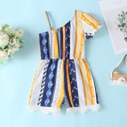 18M-6Y Toddler Girls One-Shoulder Colorblock Lace Panel Jumpsuit  Girls Clothes  