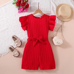 7-12Y Kids Girls Red Pleated Romper With Belt  Kids Clothes  