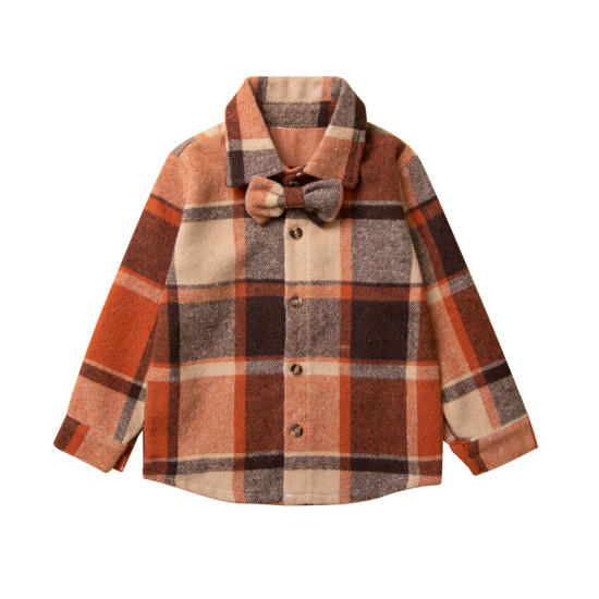 9M-5Y Bowknot Plaid Long Sleeve Button Shrit  Kids Boutique Clothing  