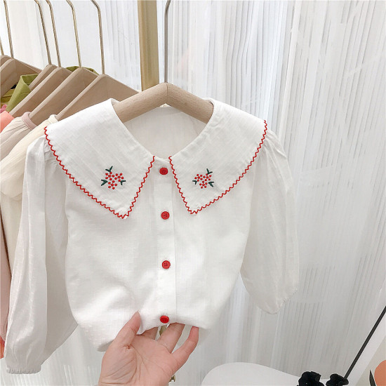 18M-6Y Toddler Girls Embroidered Doll Collar Lace White Shirt  Girls Clothes  