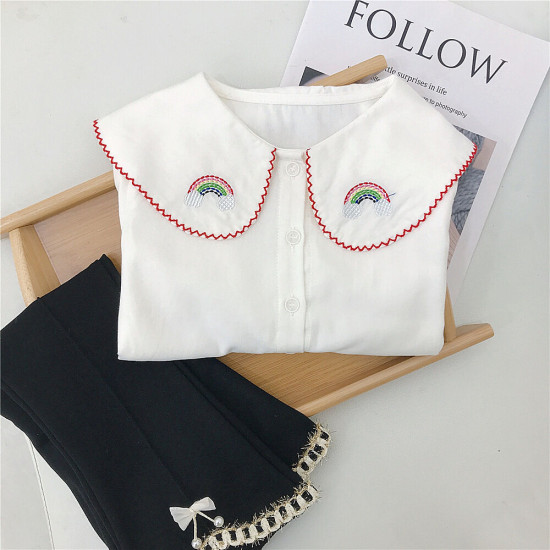 18M-6Y Toddler Girls Embroidered Doll Collar Lace White Shirt  Girls Clothes  