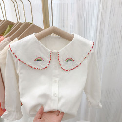 18M-6Y Toddler Girls Embroidered Doll Collar Lace White Shirt  Girls Clothes  