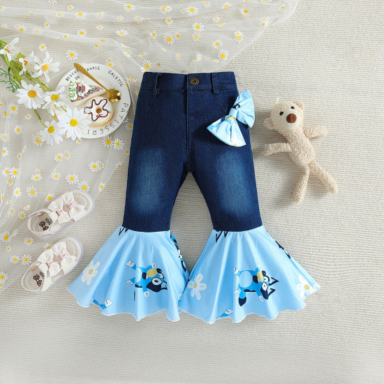 9M-5Y Toddler Girls Summer Denim Puppy Bow Knot Flared Pants  Girls Fashion Clothes  