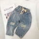 9M-6Y Toddler Girl & Boy Solid Color Letter Print Ripped Jeans  Children Clothing  