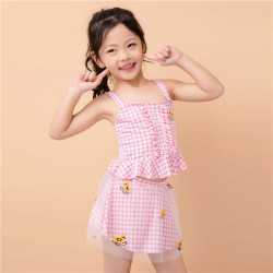 6-9Y Plaid Suspender Lotus Tops And Cartoon Mesh Skirt Swimsuit Set  Kids Boutique Clothing  