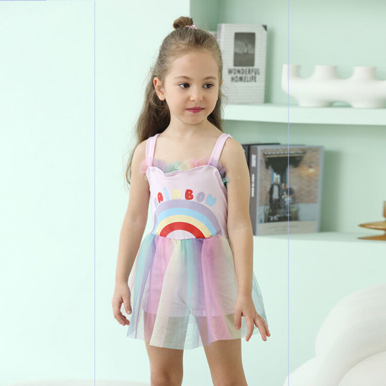 2-5Y Letter Rainbow Print Suspender Shorts Mesh Skirt Dress Swimsuit  Kids Boutique Clothing  