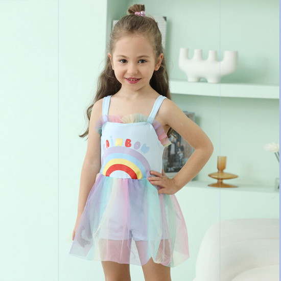 2-5Y Letter Rainbow Print Suspender Shorts Mesh Skirt Dress Swimsuit  Kids Boutique Clothing  