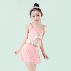 4-7Y Flying Sleeve Bowknot Lotus Tops And Bear Print Mesh Skirt Set Swimsuit  Kids Boutique Clothing  