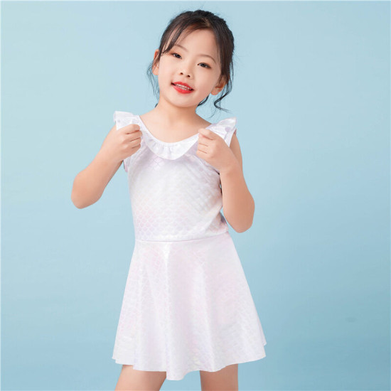 5-7Y Solid Color Lotus Collar Fish Scale Texture Sleeveless Swimwear Dress  Kids Boutique Clothing  