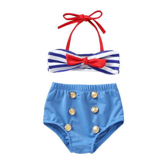 18M-6Y Toddler Girls Bow Striped Strappy Swimsuit Sets  Girls Clothes  