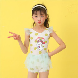 4-7Y Flying Sleeve Rabbit Cartoon Round Print Mesh Skirt Jumpsuit Swimsuit  Kids Boutique Clothing  