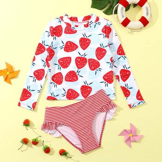 2-6Y Toddler Girl Swimwear & Beachwear Sets Strawberry Print Long Sleeve Crewneck Top And Striped Briefs Girl  Boutique Clothing  