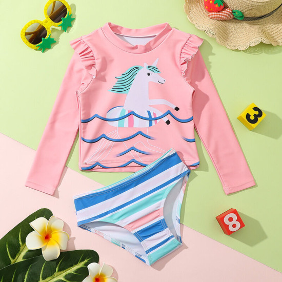 2-6Y Toddler Girl Swimwear & Beachwear Sets Strawberry Print Long Sleeve Crewneck Top And Striped Briefs Girl  Boutique Clothing  