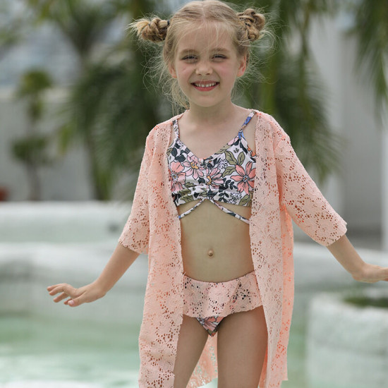 3-6Y Toddler Girl Swimwear & Beachwear Floral Suspender Top And Ruffled Briefs And Open Mesh Coat  Girls Fashion Clothes  