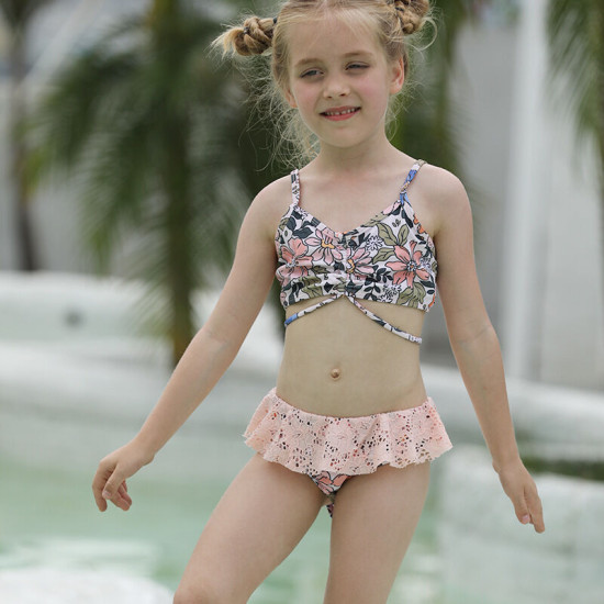 3-6Y Toddler Girl Swimwear & Beachwear Floral Suspender Top And Ruffled Briefs And Open Mesh Coat  Girls Fashion Clothes  