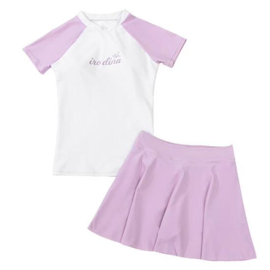 9-15Y Kids Girl Swimwear & Beachwear Colorblock Letter Print Short Sleeve Top And Solid Color Skirt Kids Clothes  Suppliers  