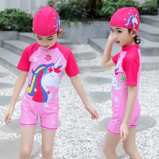 5-10Y Kids Girl Cartoon Unicorn Print Short Sleeve One Piece Swimsuit  Kids Clothing Suppliers  