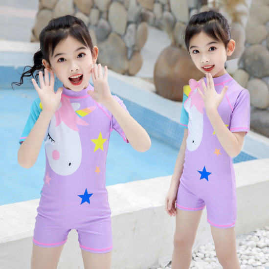 5-10Y Kids Girl Cartoon Unicorn Print Short Sleeve One Piece Swimsuit  Kids Clothing Suppliers  